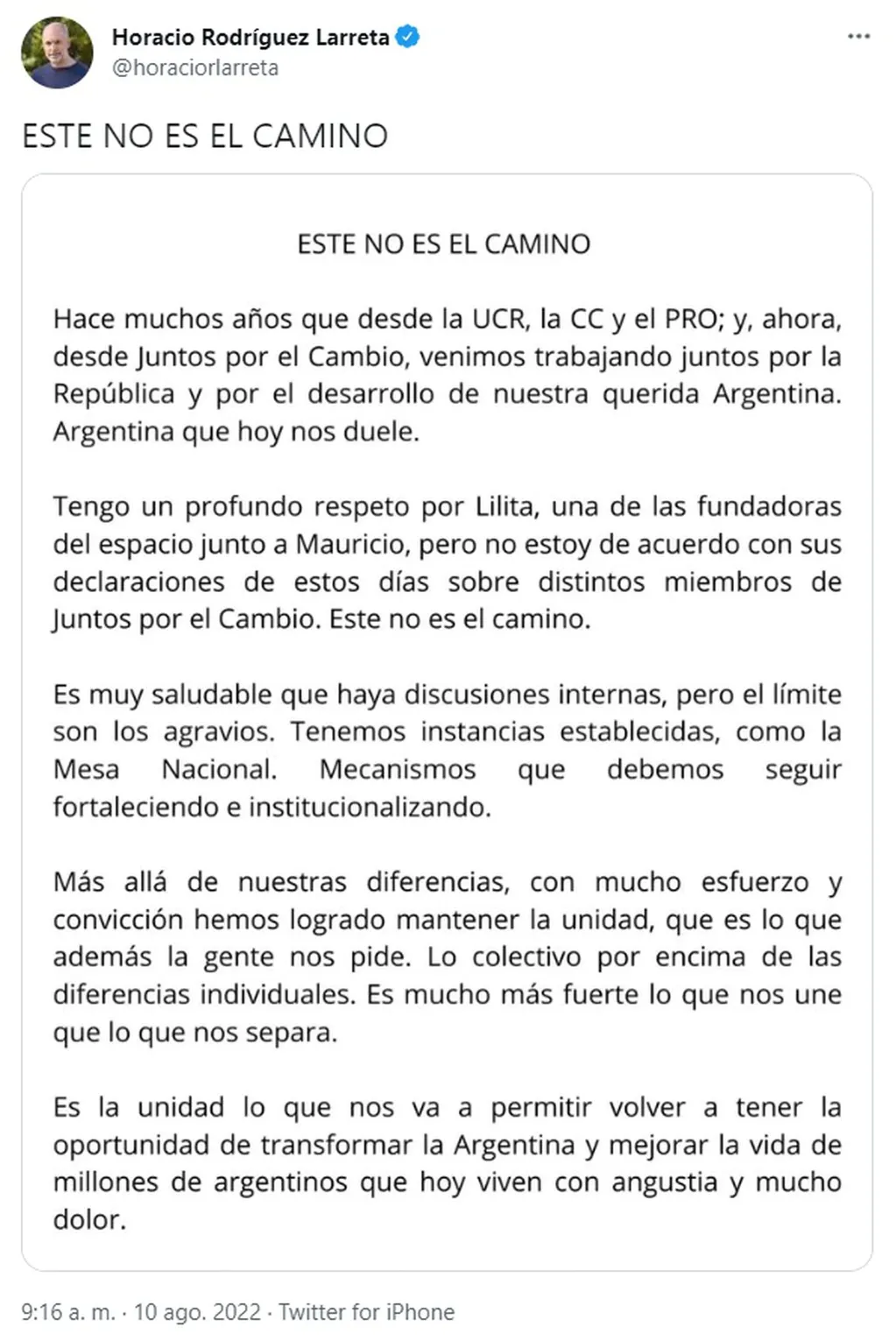 La carta de Horacio Rodríguez Larreta sobre la interna en Juntos por el Cambio.