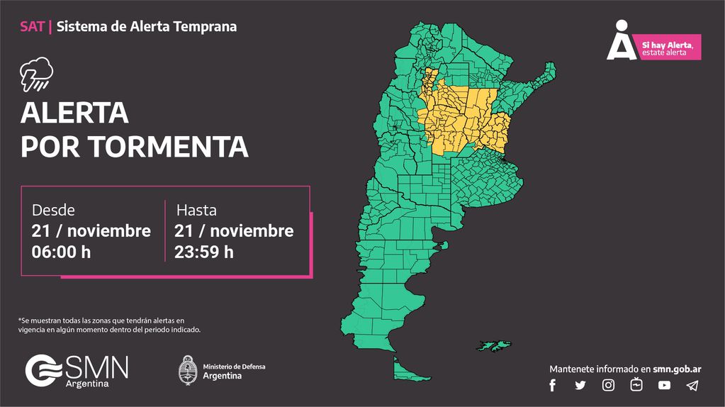 Alerta amarilla por tormentas en la provincia de Córdoba.