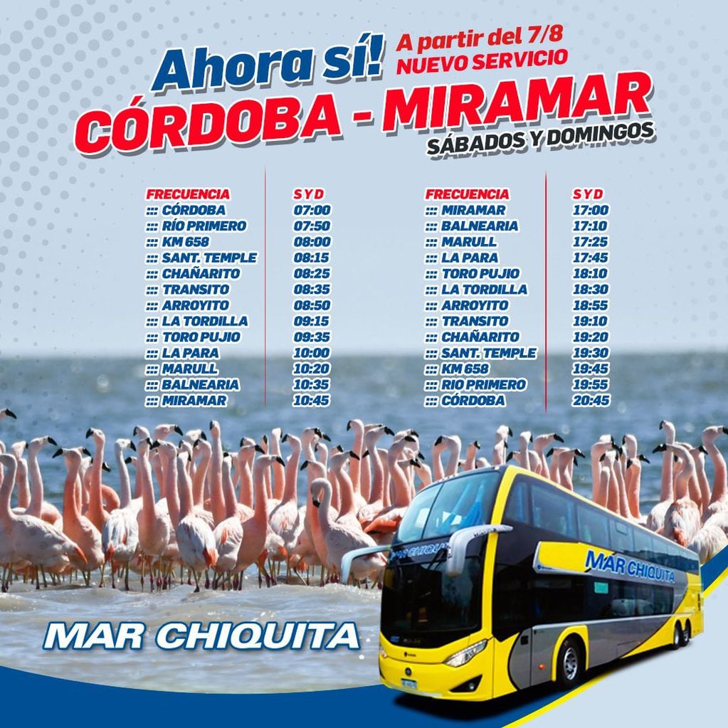 Horarios Córdoba Miramar por La Tordilla en Mar Chiquita