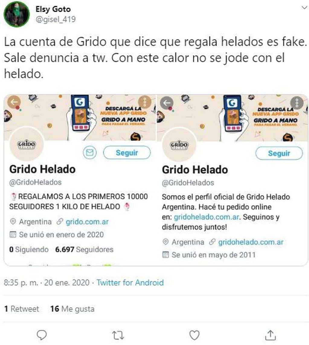 Capturas de las cuentas que denunciaron la falsa cuenta en Twitter de Grido.