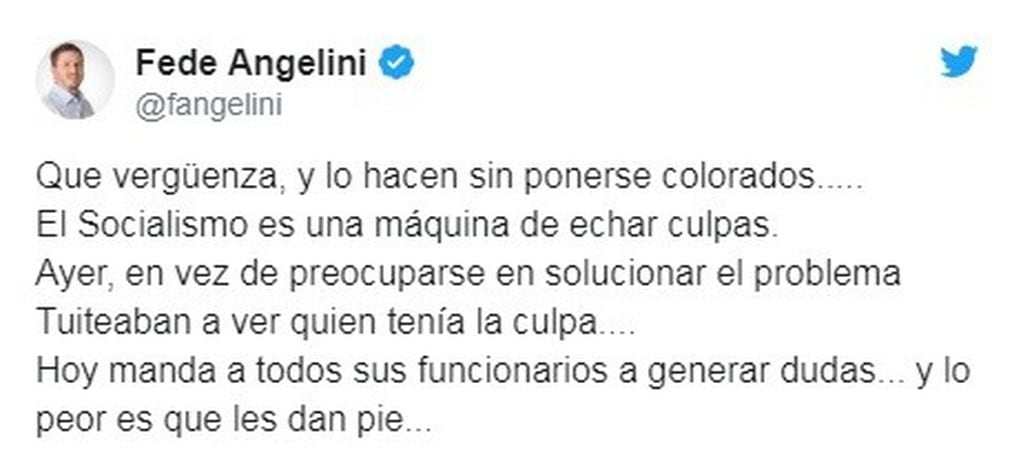 Angelini cargó en Twitter contra le socialismo tras el corte de este lunes. (Twitter)