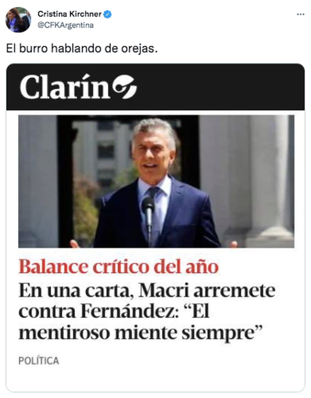 La respuesta de Cristina Fernández de Kirchner hacia Mauricio Macri.