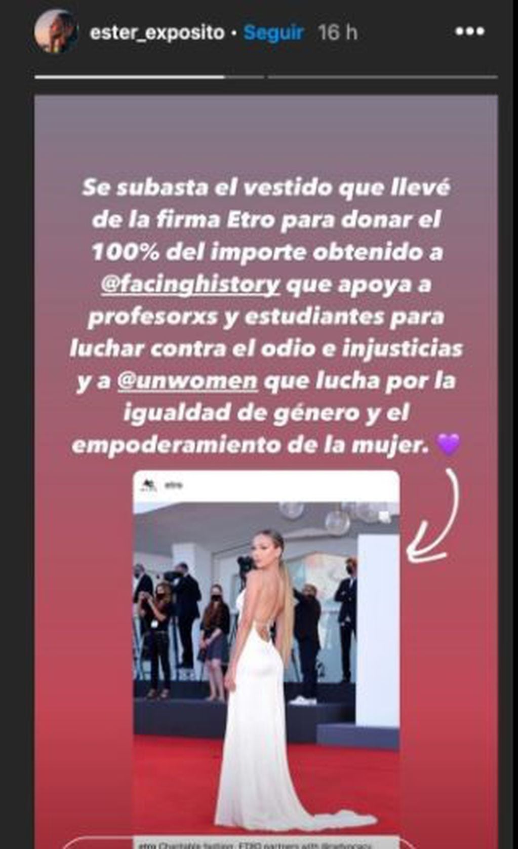 La explicación sobre la subasta que dio Ester Expósito en sus redes (Instagram/@ester_exposito)