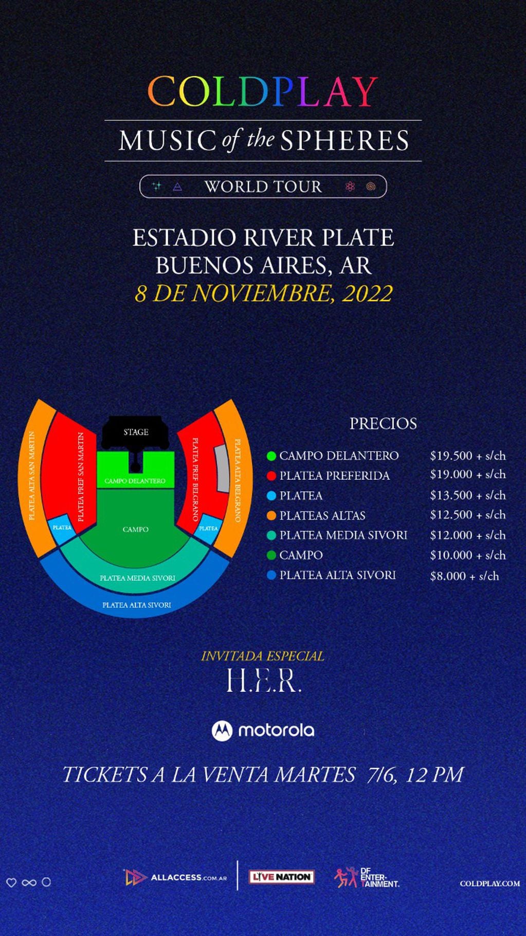 Los precios del 10° show de Coldplay en River. (DF Entertainment)