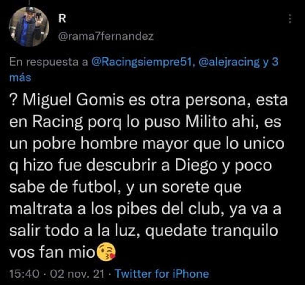 El tuit del Ramiro Fernández contra Miguel Gomis