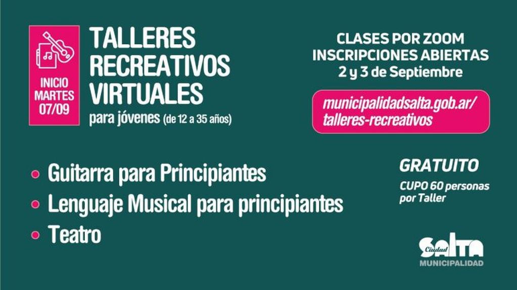 Llegan nuevos talleres recreativos virtuales con cupos limitados (Municipalidad de Salta)