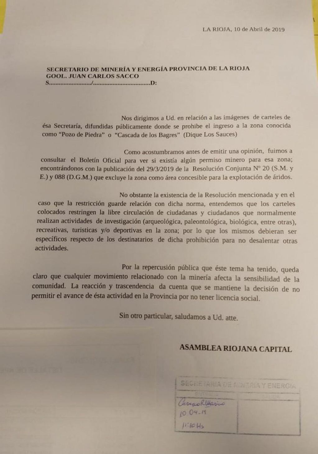 Integrantes de la Asamblea Riojana Capital salieron al cruce de las pretenciones empresariales y le enviaron una nota al titular de Minería de la provincia