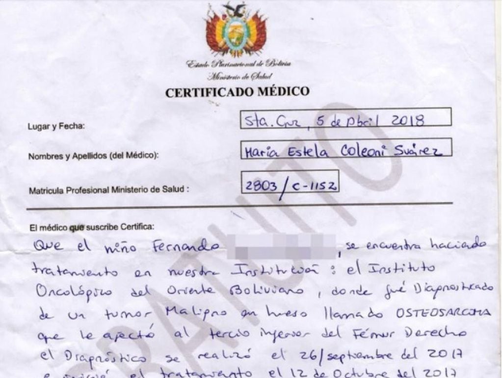 Documento donde se certifica la enfermedad de Fernando. (Infobae)