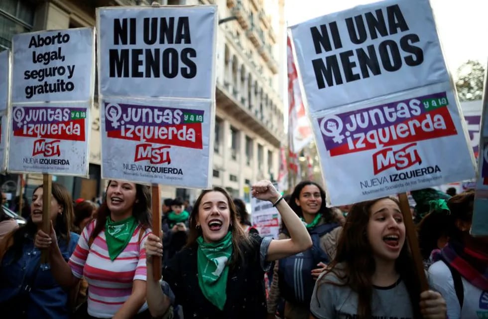 Women protest gender violence in Buenos Aires, Argentina, Monday, June 3, 2019. The grassroots movement \
