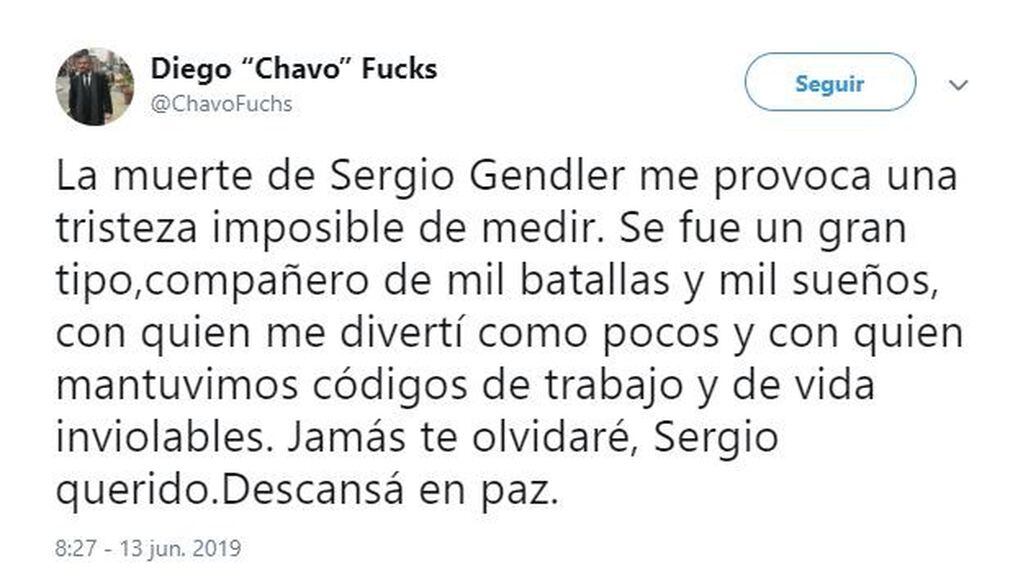 El mensaje de Diego Fucks por la muerte de Sergio Gendler (Foto: captura Twitter)
