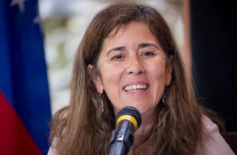 Jefa de la delegación de la Unión Europea (UE) en Caracas, Isabel Brilhante Pedrosa, en una rueda de prensa el 2 de mayo de 2018, en Caracas (Venezuela).