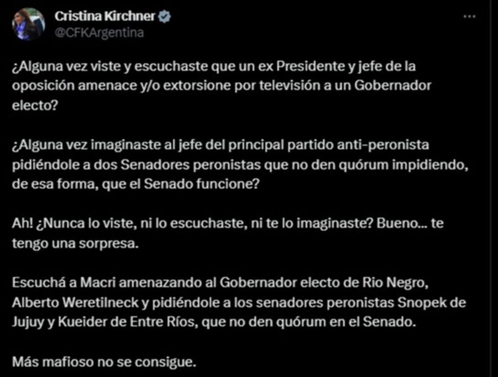 Cristina Kirchner volvió a criticar a Mauricio Macri