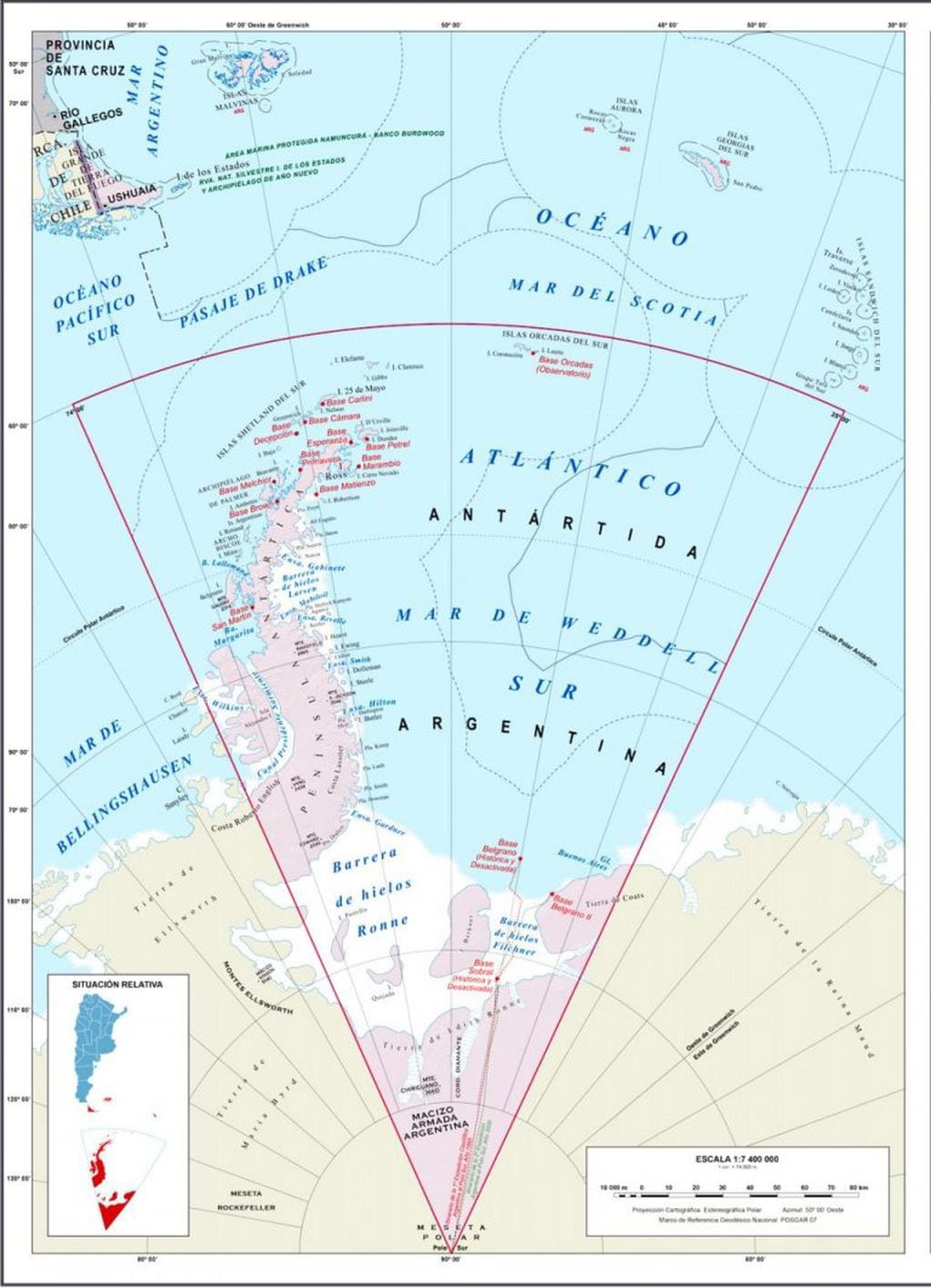 Mapa completo de la provincia bicontinental de Tierra del Fuego. Antártida, Malvinas e Islas del Atlántico sur  ( Sandwichs, Giogias, Auroras, Estados).