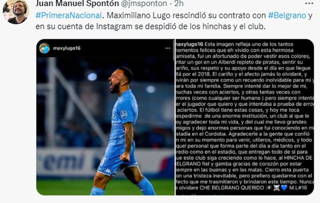 Con un posteo en Instagram, el volante Maxi Lugo se despidió de los hinchas de Belgrano.