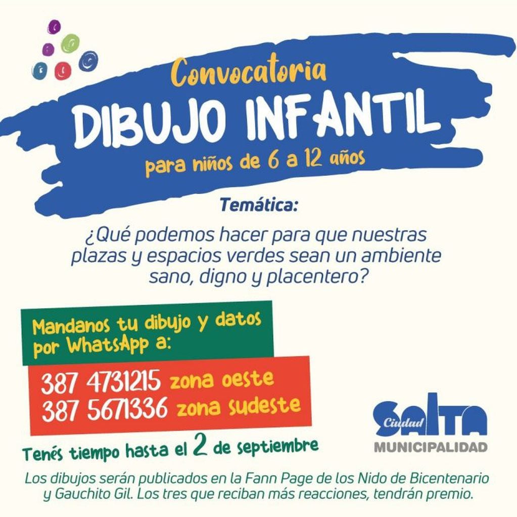 Invitan a niños salteños a decorar sus plazas con dibujos (Municipalidad de Salta)