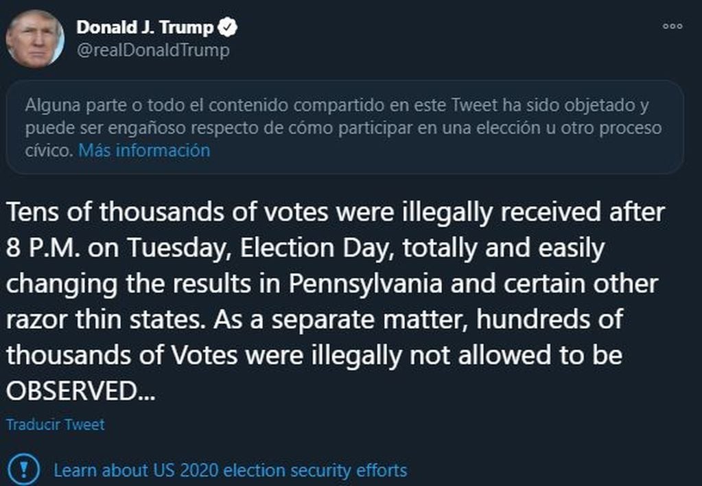 Trump insistió en frenar el recuento ante "decenas de miles de votos ilegales"
