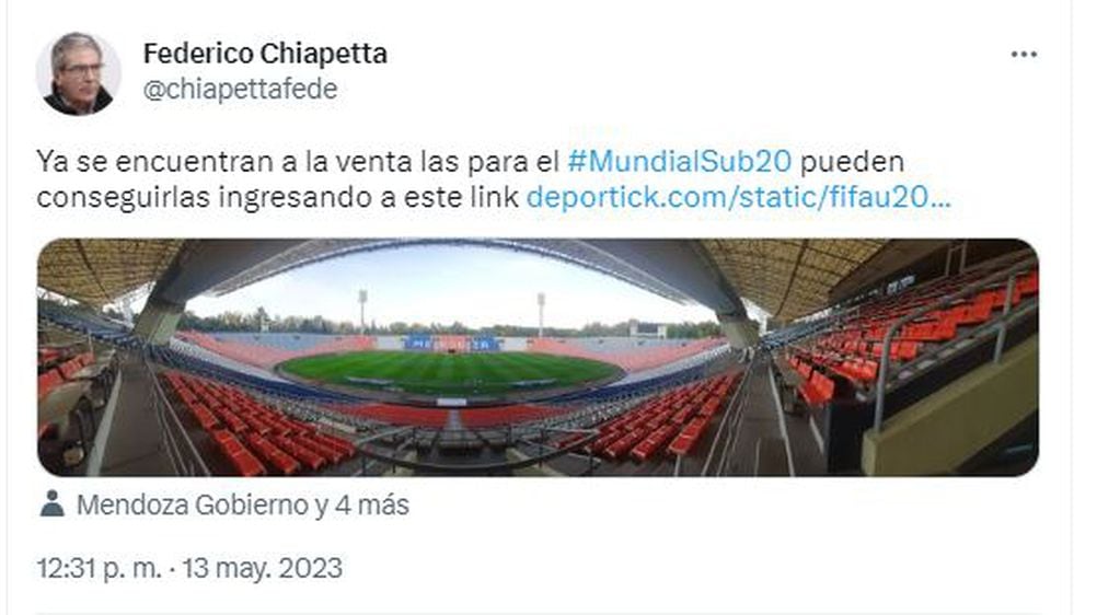 Federico Chiapetta confirmó la venta de entradas para el Mundial Sub 20 en Mendoza.