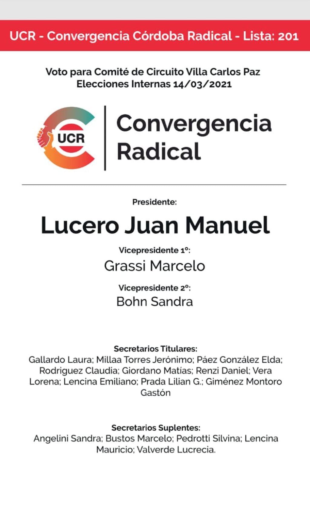 Elecciones internas de la UCR en Villa Carlos Paz. Lista completa liderada por Juan Manuel Lucero.