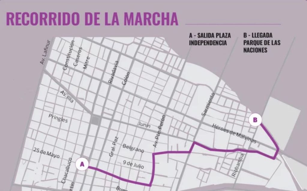 Recorrido de la marcha del Encuentro Nacional de Mujeres en San Luis