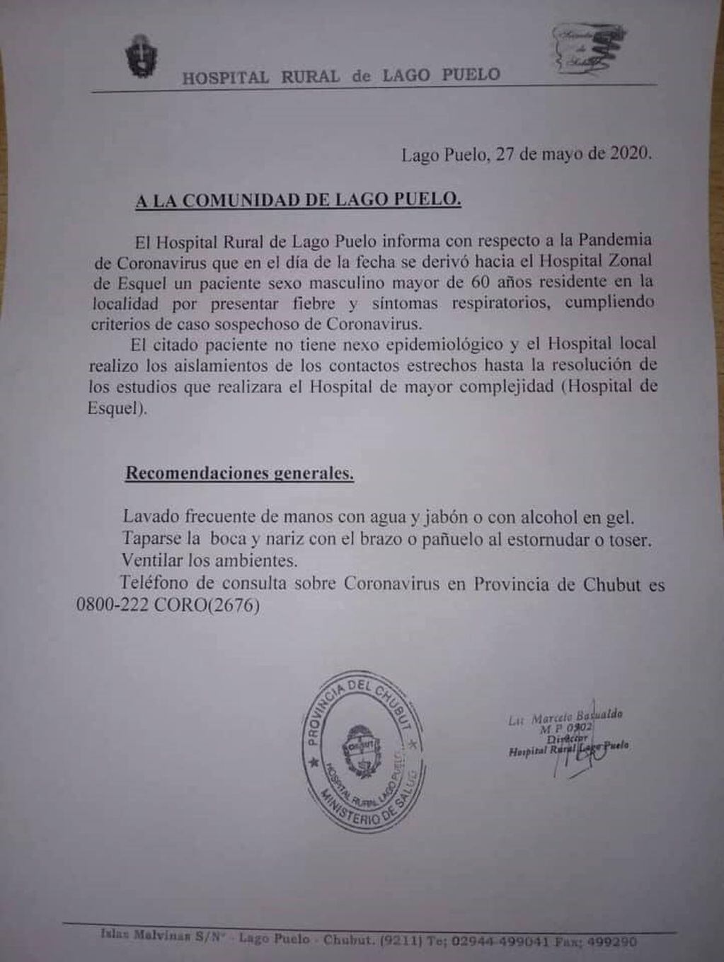 Nota del hospital de Lago Puelo.