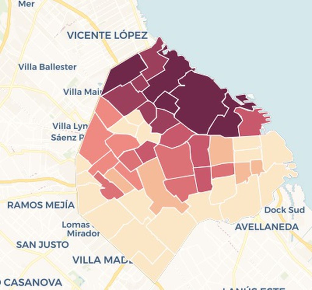 El color oscuro marca los barrios más caros para alquilar en Buenos Aires