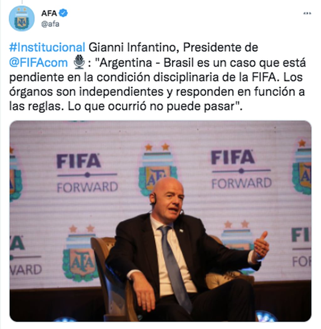 Gianni Infantino opinó sobre el escándalo de San Pablo entre Argentina y Brasil.