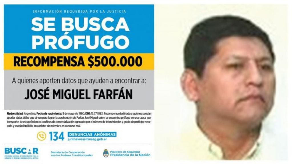 La Justicia argentina ofrecía una recompensa de medio millón de pesos por datos para hallar a José Miguel Farfán.