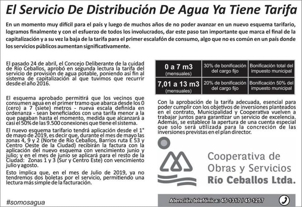 Comunicado oficial de la Cooperativa de Agua de Río Ceballos.
