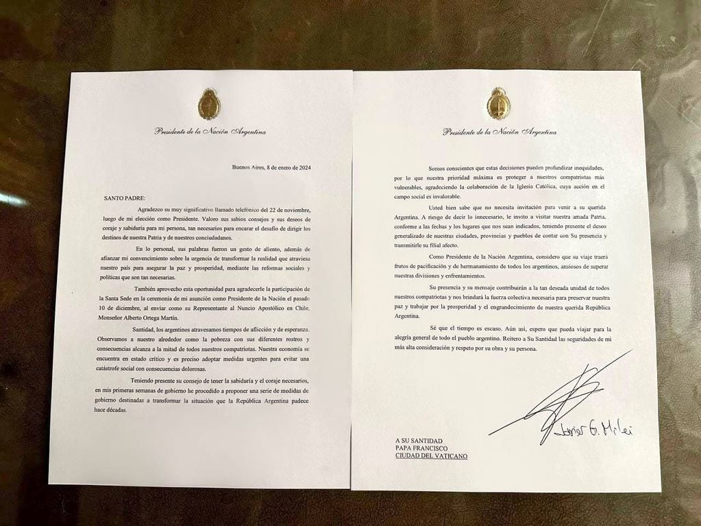 Carta de Milei al Papa Francisco invitándolo a visitar la Argentina. Foto: X