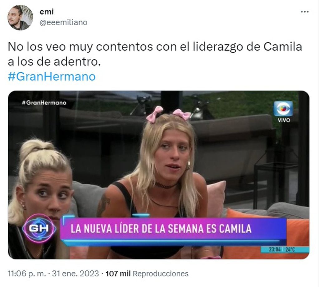 "Gran Hermano": los memes de Twitter tras el triunfo de Camila en la prueba del líder (Captura de pantalla)