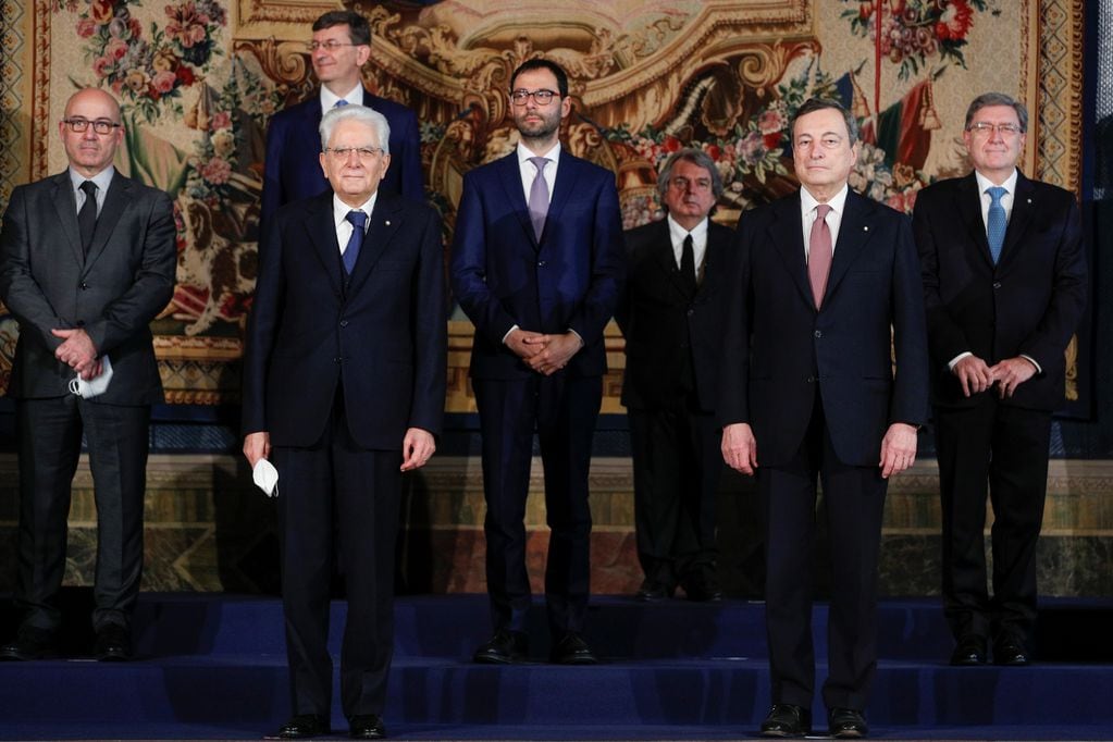 El gabinete de el nuevo primer ministro de Italia Mario Draghi (Foto: Guglielmo Mangiapane/Pool photo via AP)