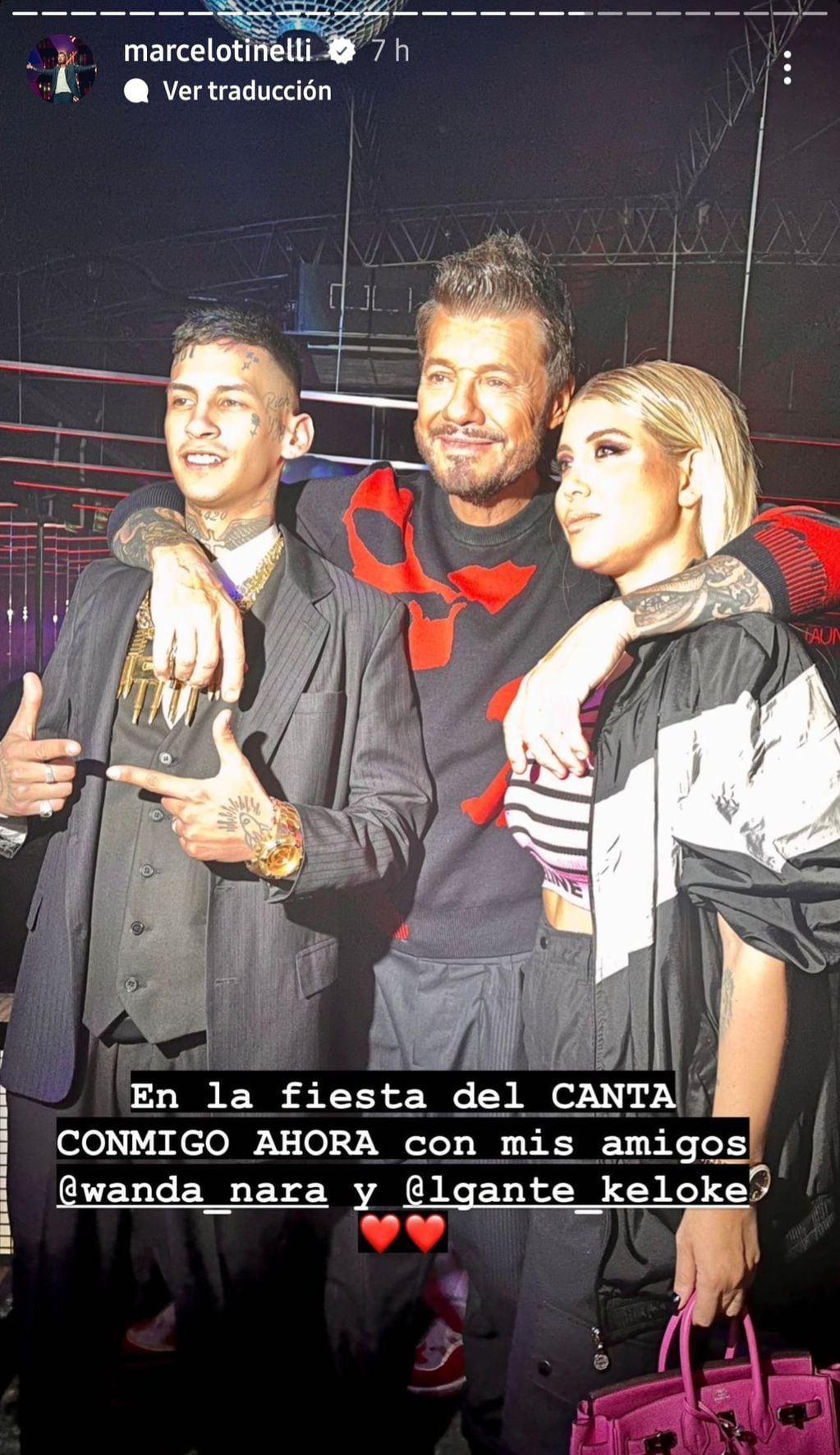 Wanda Nara, L-Gante y Marcelo Tinelli en la fiesta de la final de "Canta conmigo ahora" (Captura de pantalla)