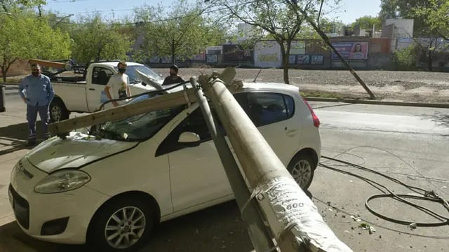 UN poste de luz derribado por un camión cayó sobre un Palio en Ciudad. Orlando Pelichotti / Los Andes