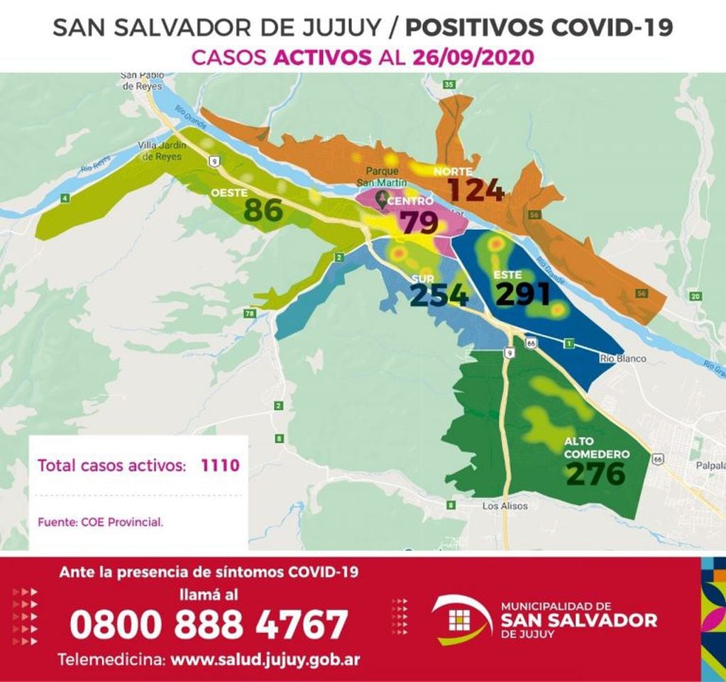 Distribución de casos activos en cada uno de los seis distritos de San Salvador de Jujuy.