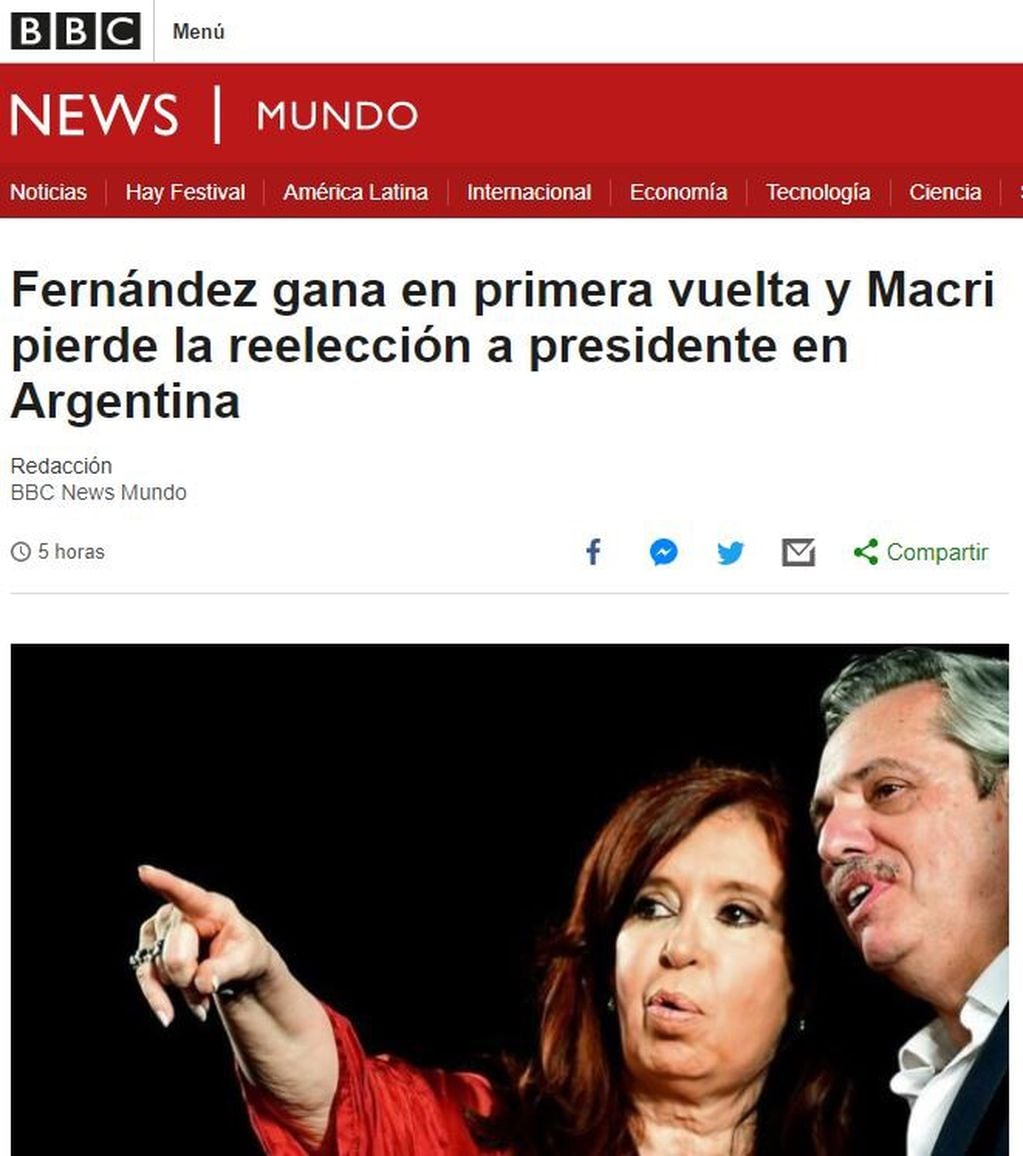BBC: "Fernández gana en primera vuelta y Macri pierde la reelección a presidente en Argentina".