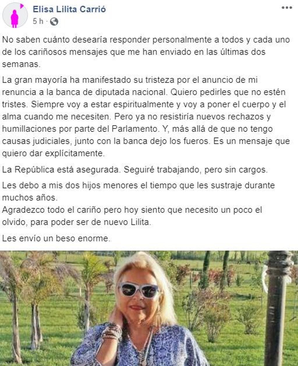 La carta abierta de Elisa Carrió. (Facebook)