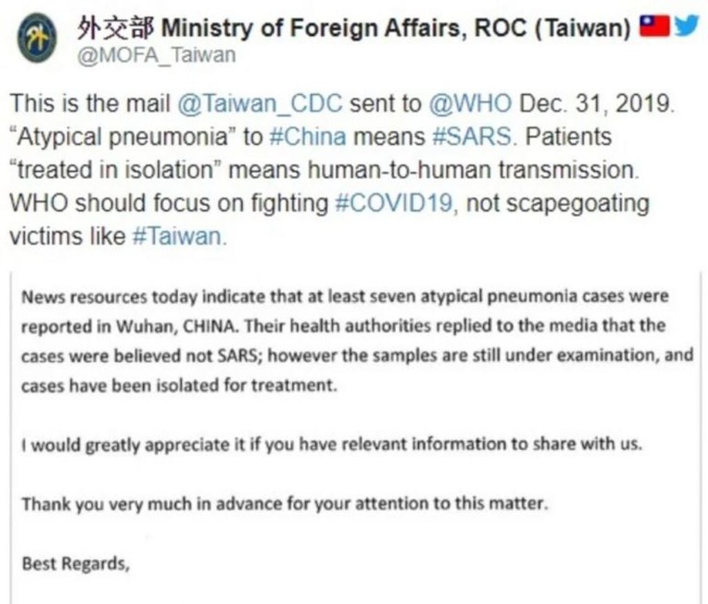Taiwán reveló el mail que envió a la OMS en diciembre advirtiendo sobre el coronavirus