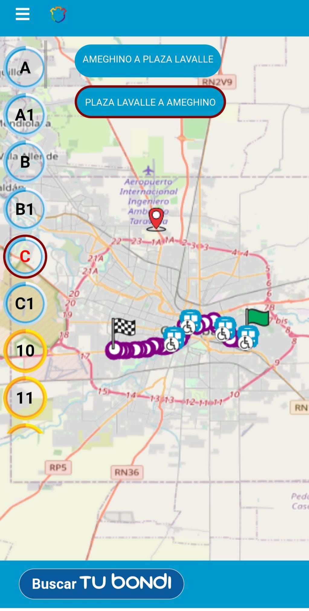 Así luce la nueva aplicación para conocer las frecuencias del transporte urbano de Córdoba (La Voz).