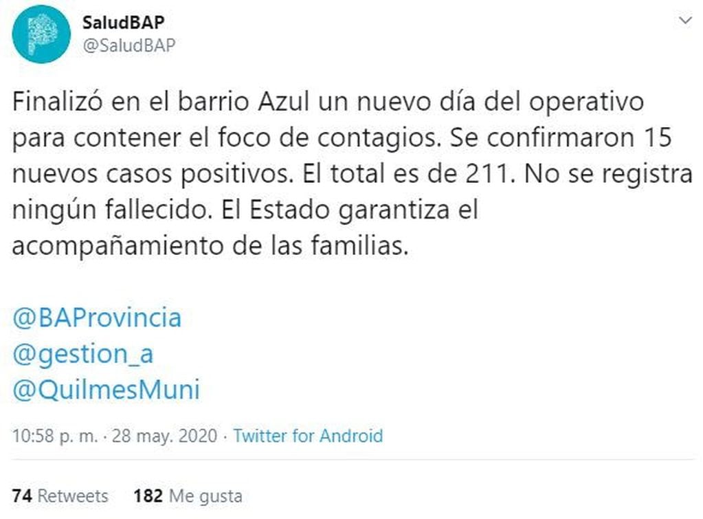 Detectaron 15 casos nuevos de Covid-19 en Villa Azul. (Twitter/@SaludBAP)
