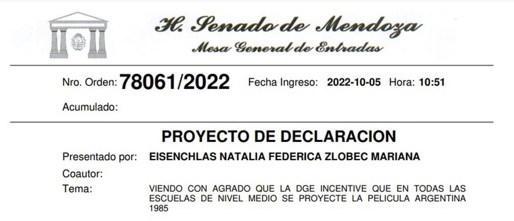 Proyecto de Declaración "Argentina 1985".