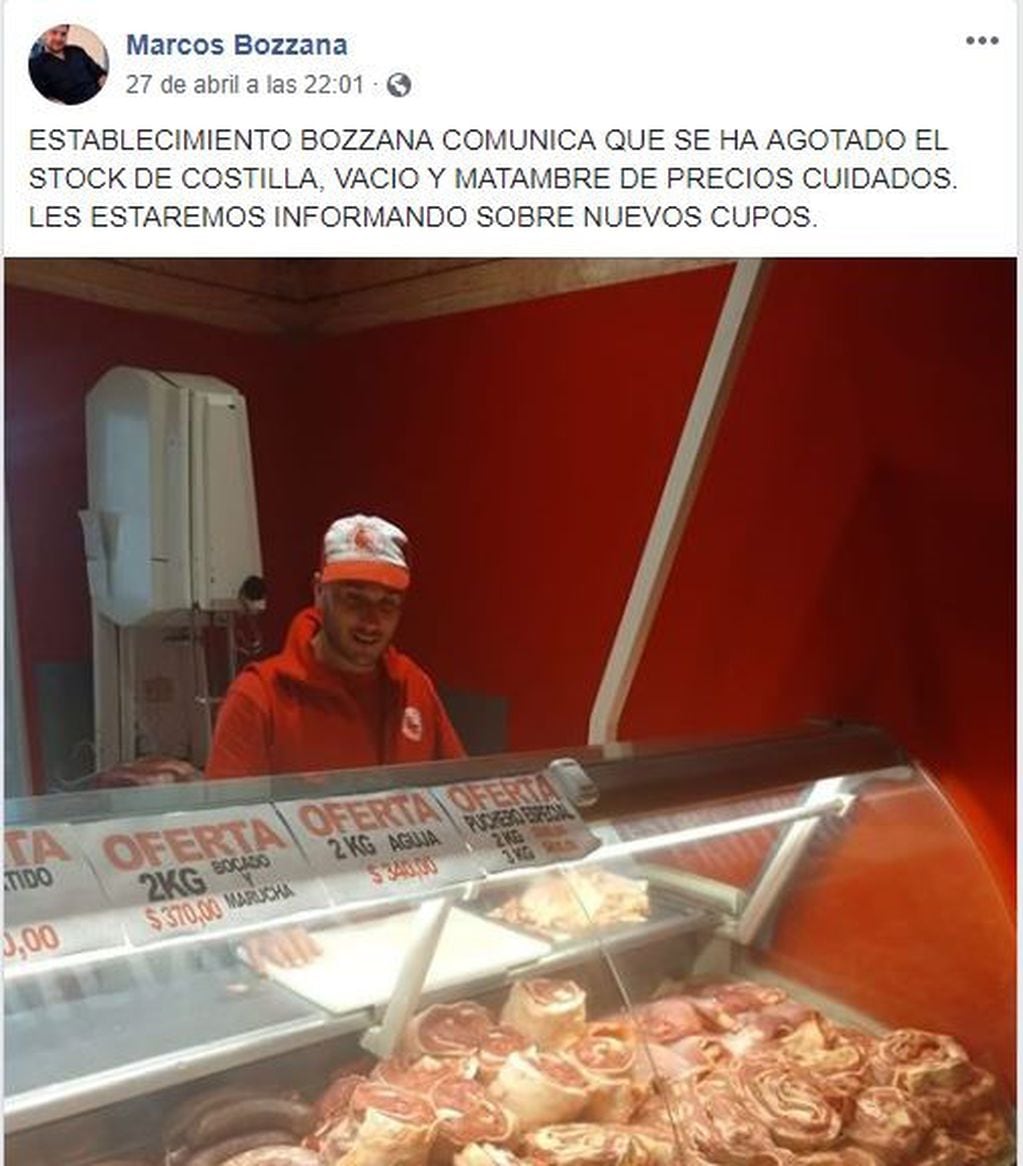 Mateo Bozzana carne a $ 149 en Arroyito
