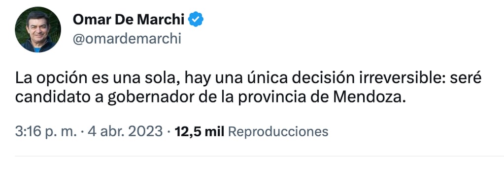 Omar De Marchi confirmó en sus redes que será candidato a gobernador de Mendoza. Foto: Twitter