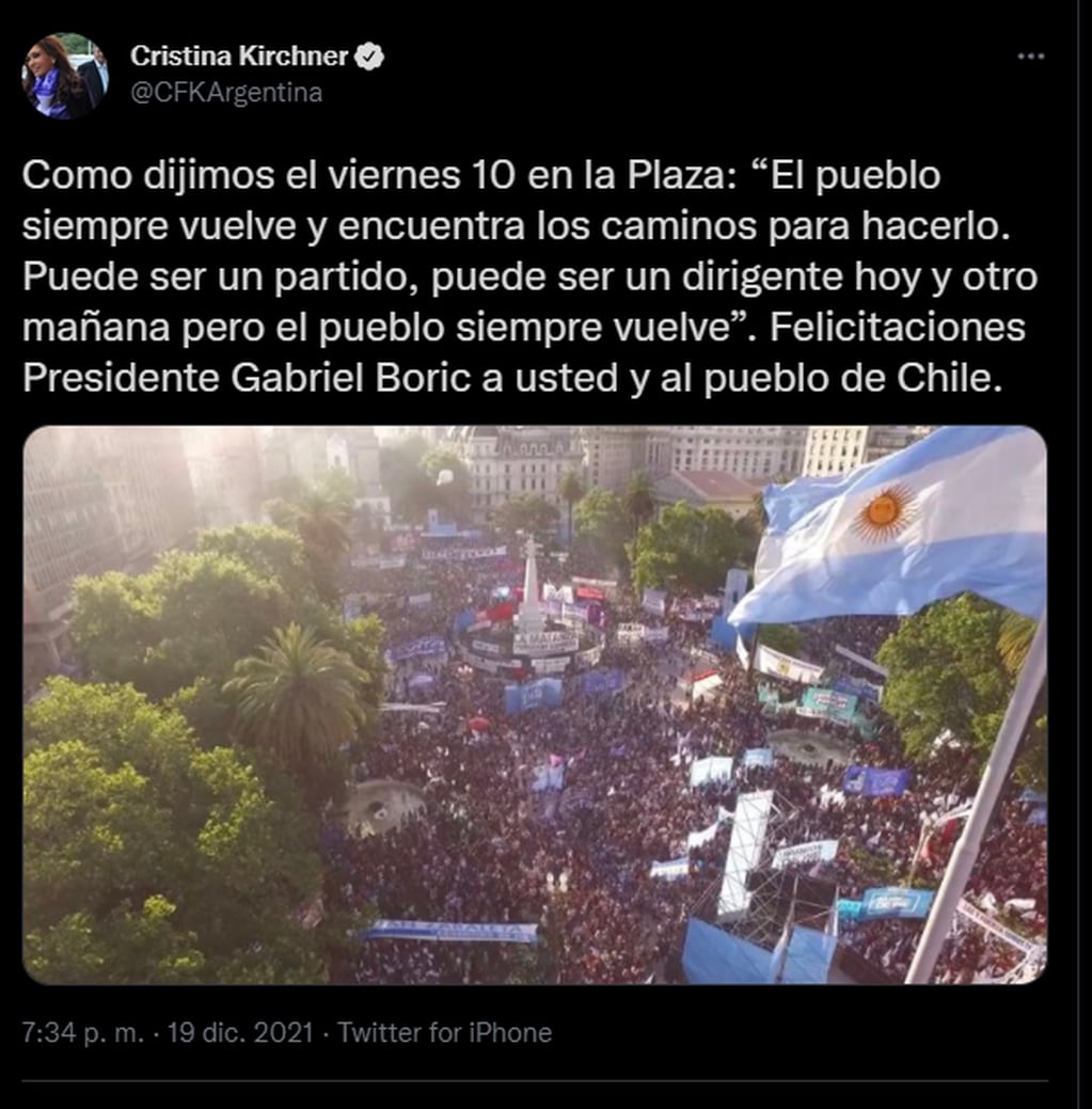 El saludo de Cristina Kirchner a Gabriel Boric