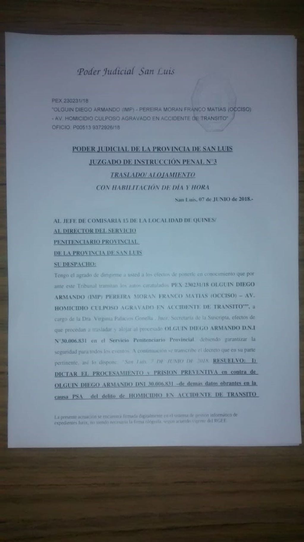 La orden de detención a Olguín.