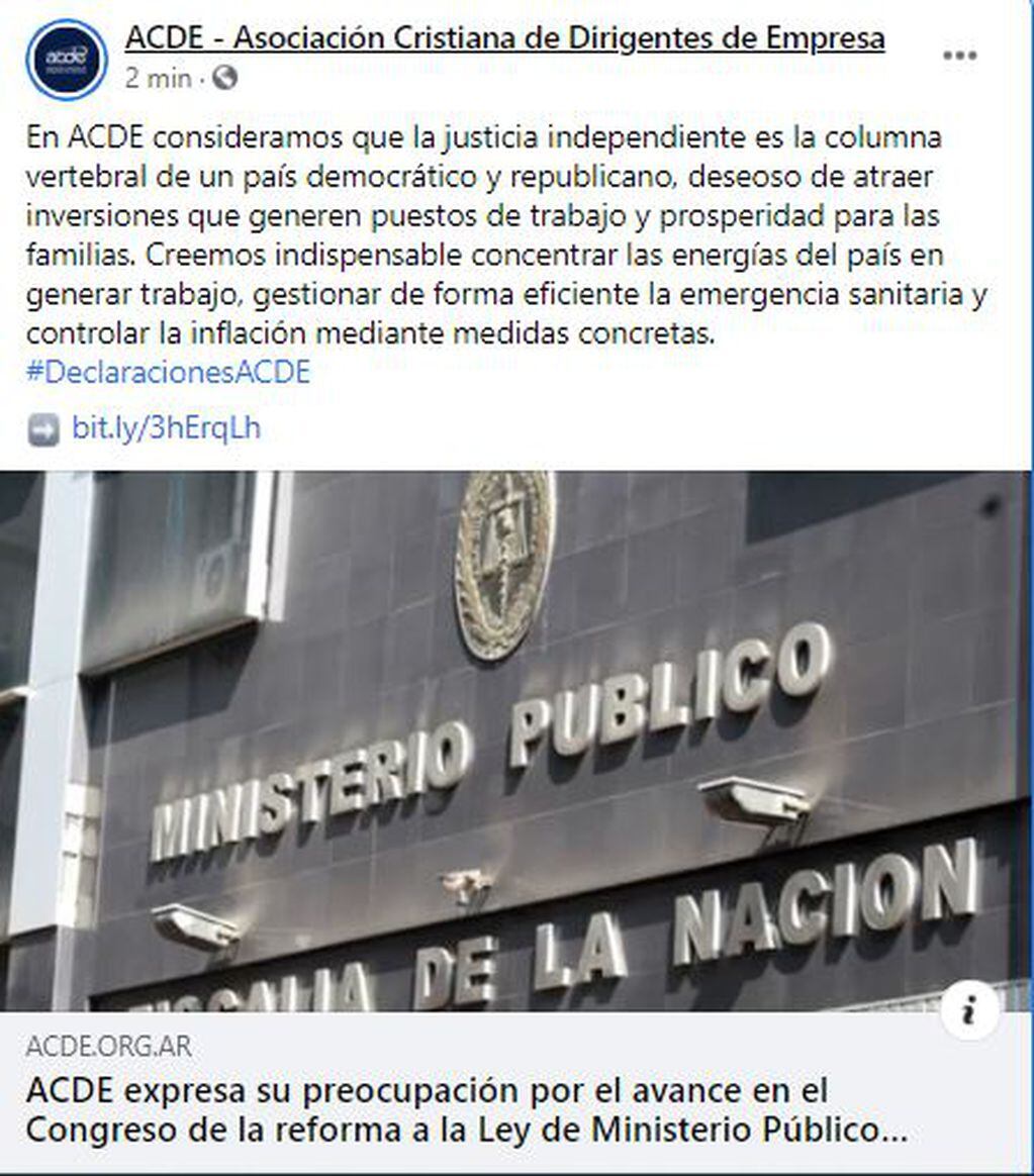 La Asociación Cristiana de Dirigentes de Empresa (ACDE) rechaza la reforma del Ministerio Público Fiscal con un duro comunicado.