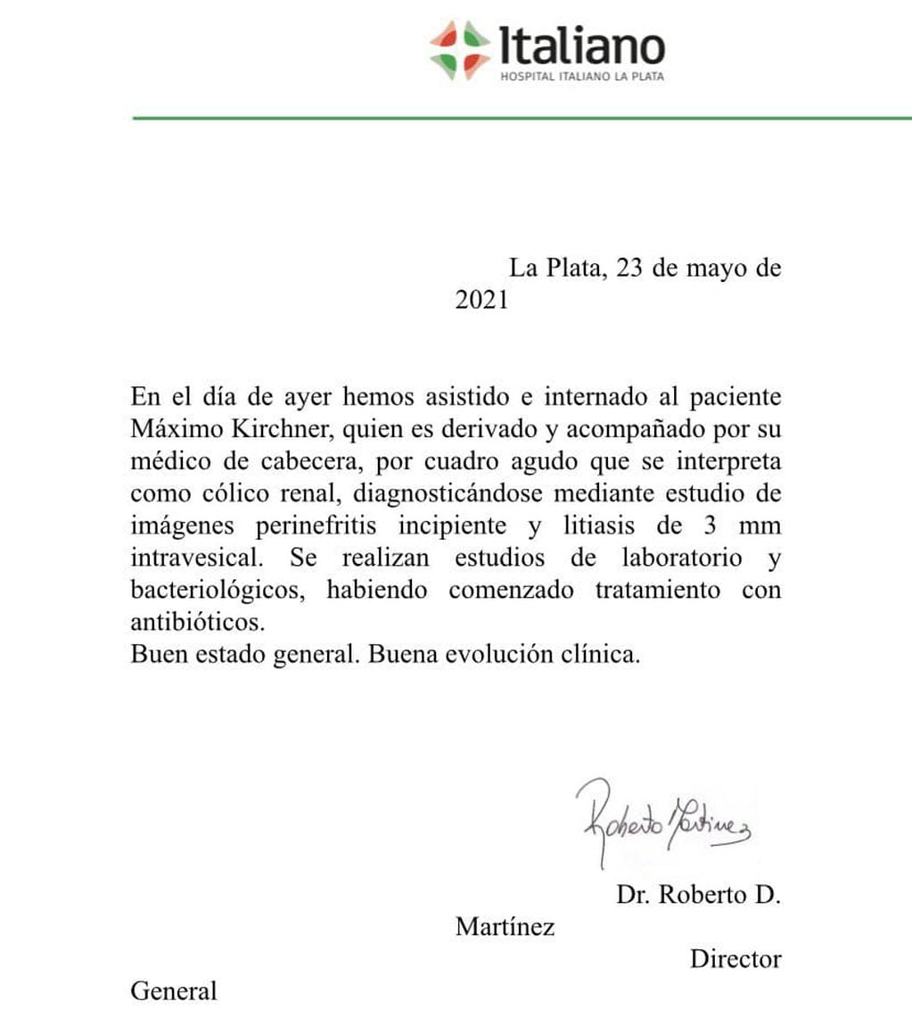 El parte médico sobre la internación de Máximo Kirchner.