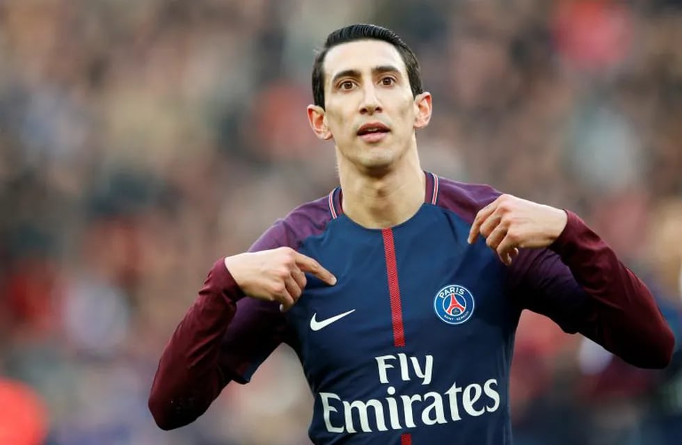 PSG's Angel Di Maria celebrates his goal against Strasbourg during the French League One soccer match between Paris Saint Germain and Strasbourg, at the Parc des Princes stadium in Paris, France, Saturday, Feb. 17, 2018. (AP Photo/Francois Mori)