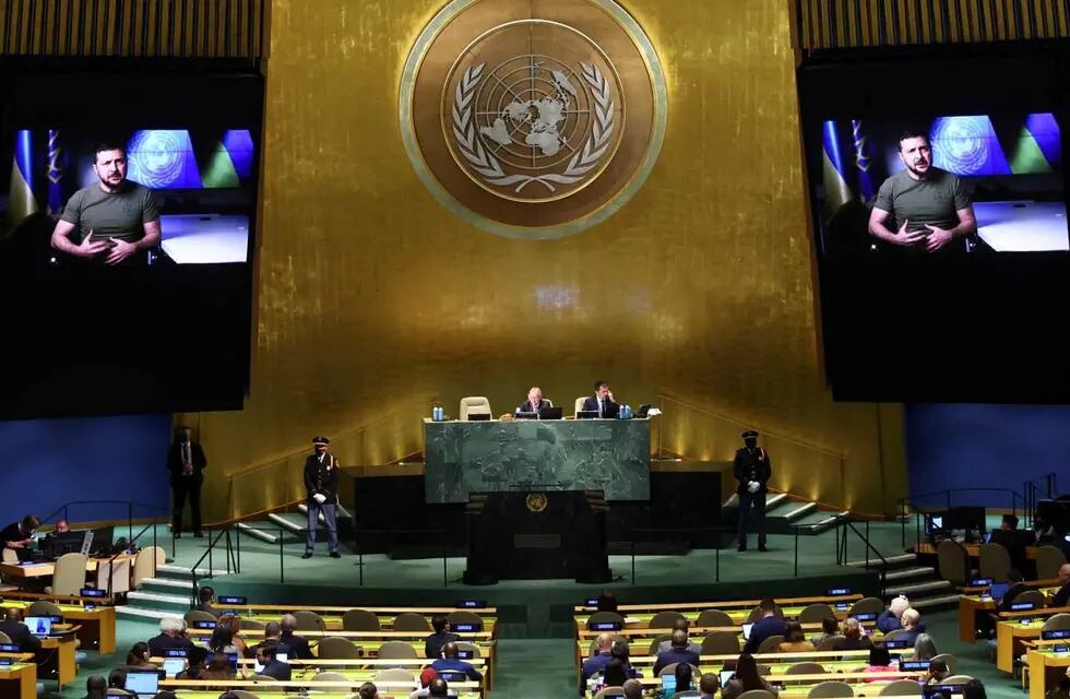 Volodimir Zelenski, presidente de Ucrania, en un mensaje grabado ante la Asamblea General de la ONU, en septiembre de 2022.