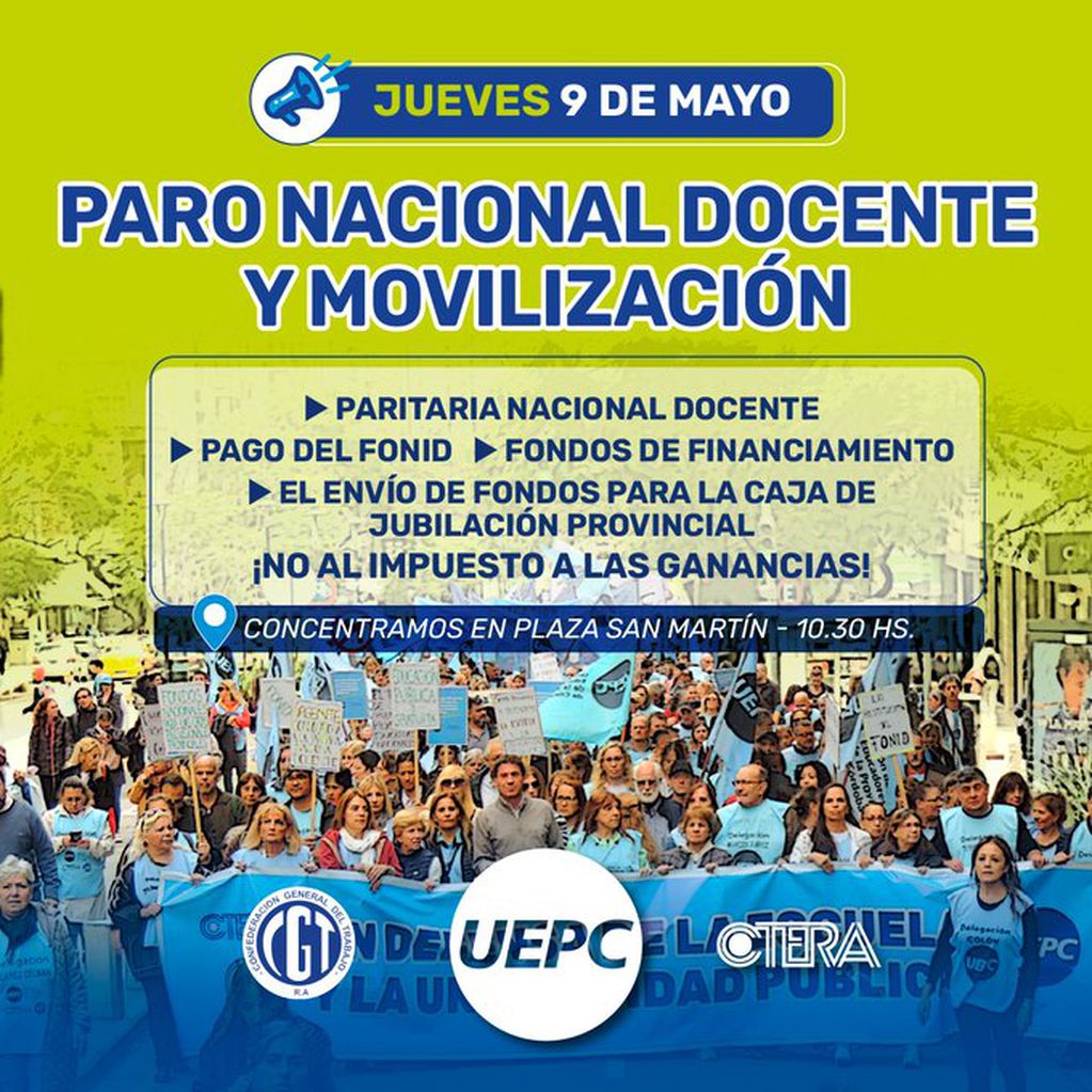 Uepc adhiere al paro general del 9 de mayo y las clases se verán afectadas en diferentes establecimientos educativos de Córdoba.