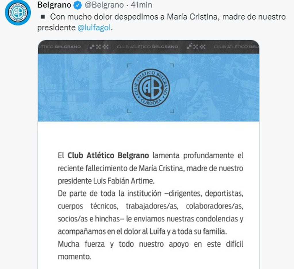 Belgrano y su saludo al Luifa Artime por una pérdida irreparable.